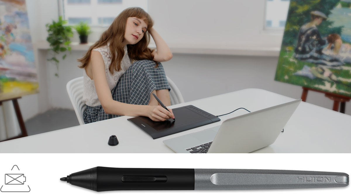 A female draws the graphics tablet leisurely while sitting in a chair, in front of a laptop. Around her are two paintings on easels. At the lower part of this picture is a close up of the pen, with a logo of battery-free